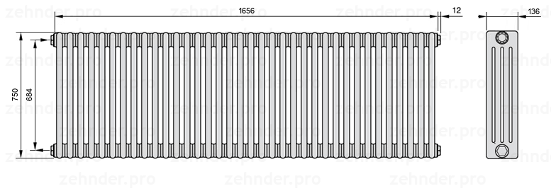 Схема (чертеж) Радиатор Zehnder Charleston 4075/36 №1270 Белый глянцевый RAL 9016